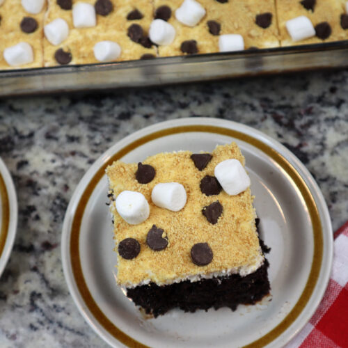 serving smores cake on tan plate