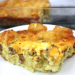 tater tot breakfast casserole serving on a white plate