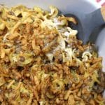 ground beef stroganoff casserole in a white baking dish.