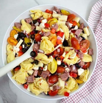 tortellini pasta salad in a large white bowl.