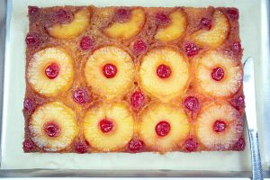 Baked pineapple upside down cake.