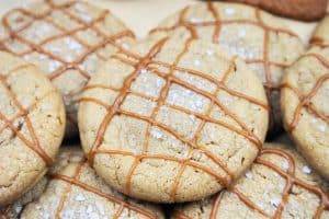 Stuffed Cookie Butter cookies with a Biscoff drizzle on top.