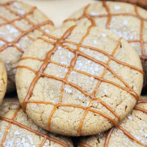 Stuffed Cookie Butter cookies with a Biscoff drizzle on top.