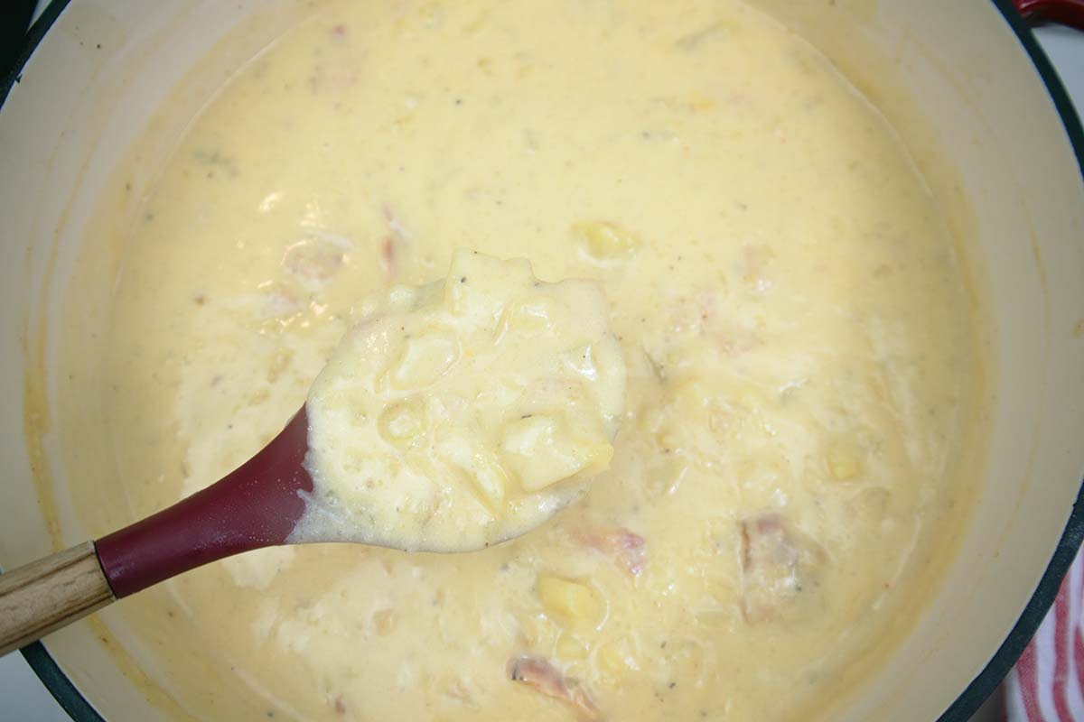 Potato soup being served from red pot with a red spoon.