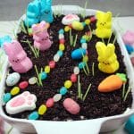 Easter Dirt Cake in a large white dish and decorated.