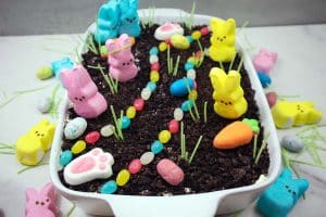 Easter Dirt Cake in a large white dish and decorated.