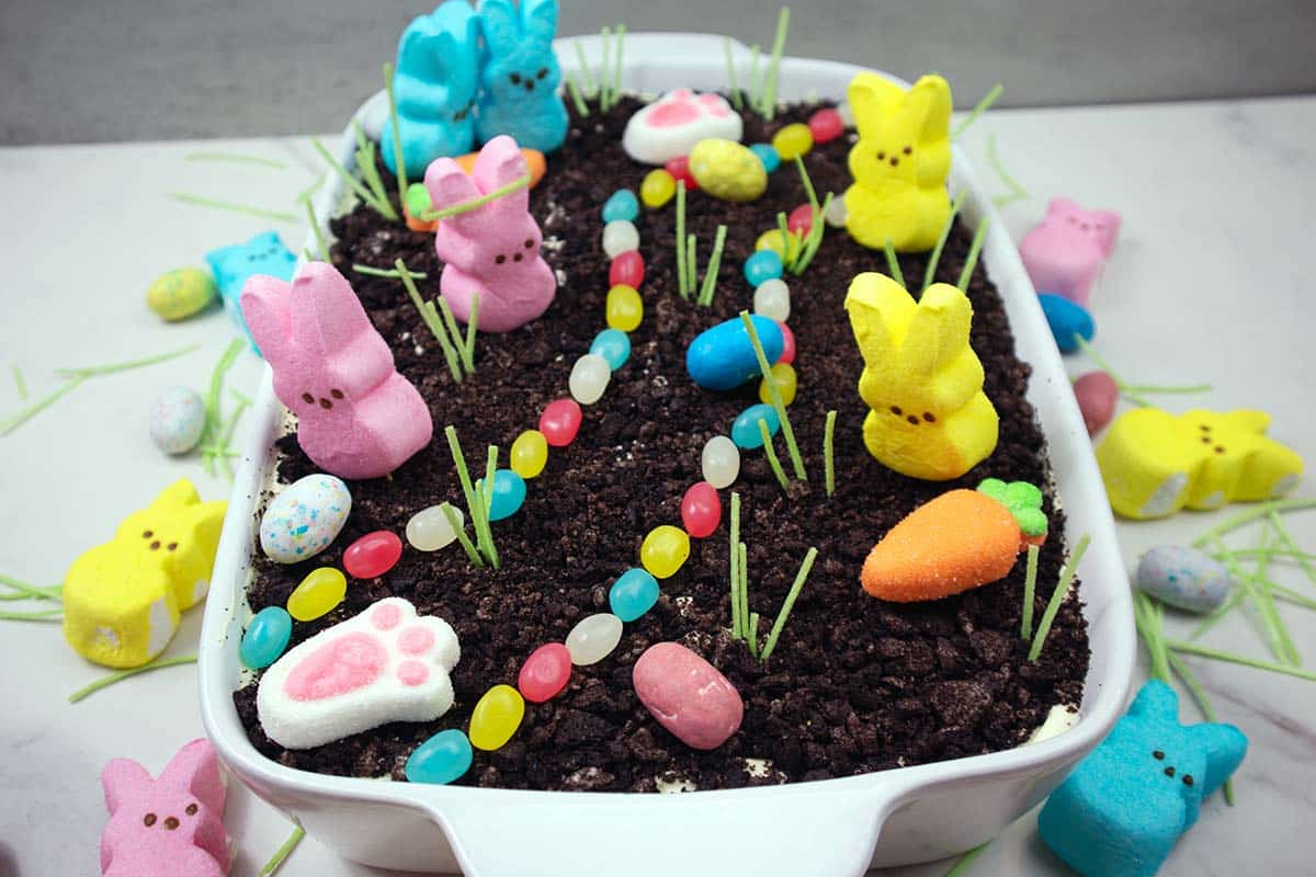 Easter Dirt Cake in a large white dish and decorated.