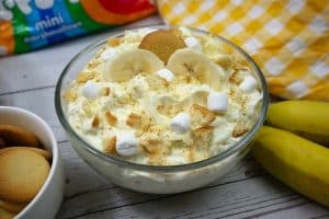 Banana Fluff in a clear glass bowl.