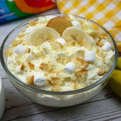 Banana Fluff in a clear glass bowl.