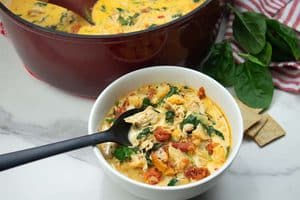 Low Carb Tuscan Soup in white bowl.