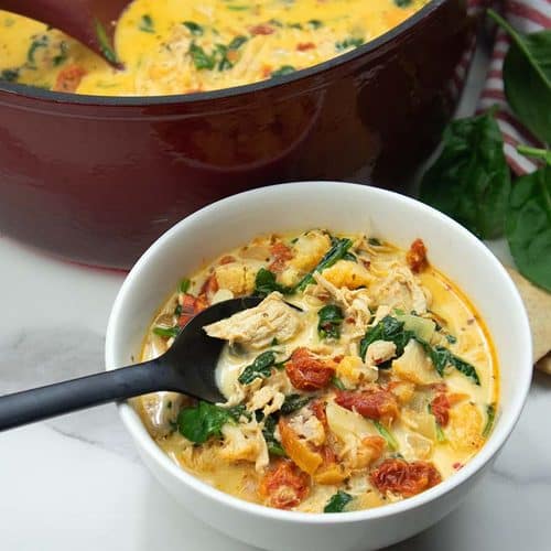 Low Carb Tuscan Soup in white bowl.